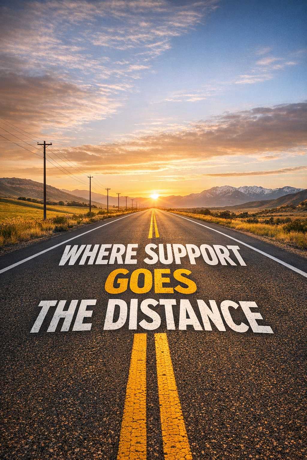 An open road at sunrise with the words 'Where Support Goes the Distance' painted on it